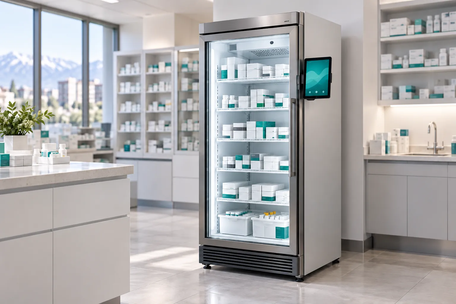 Refrigerador de medicamentos con puerta de vidrio y una tablet en la puerta